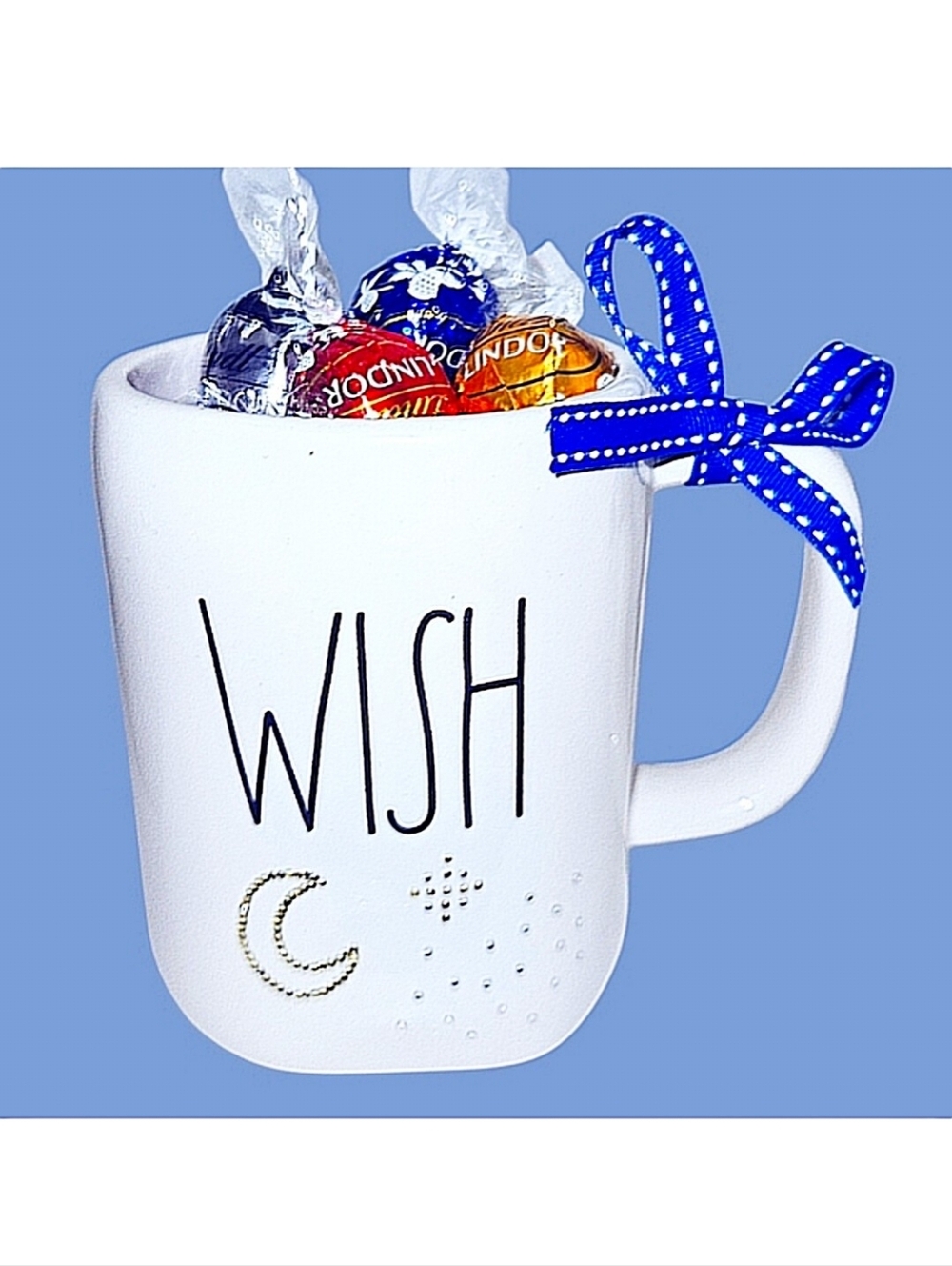 Handmade Rae Dunn "WISH" Gift Mug with Crystals & Bow (Candy Not Included)